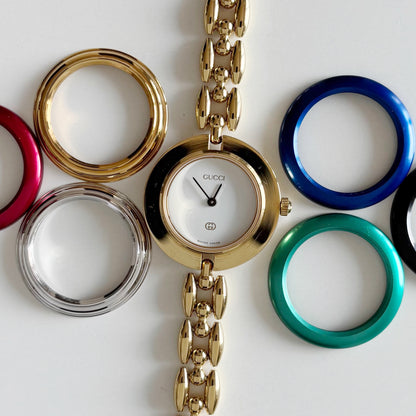 Gucci 1990s Interchangeable Bezel Gold Plated watch with 6 bezels, case (160cm)