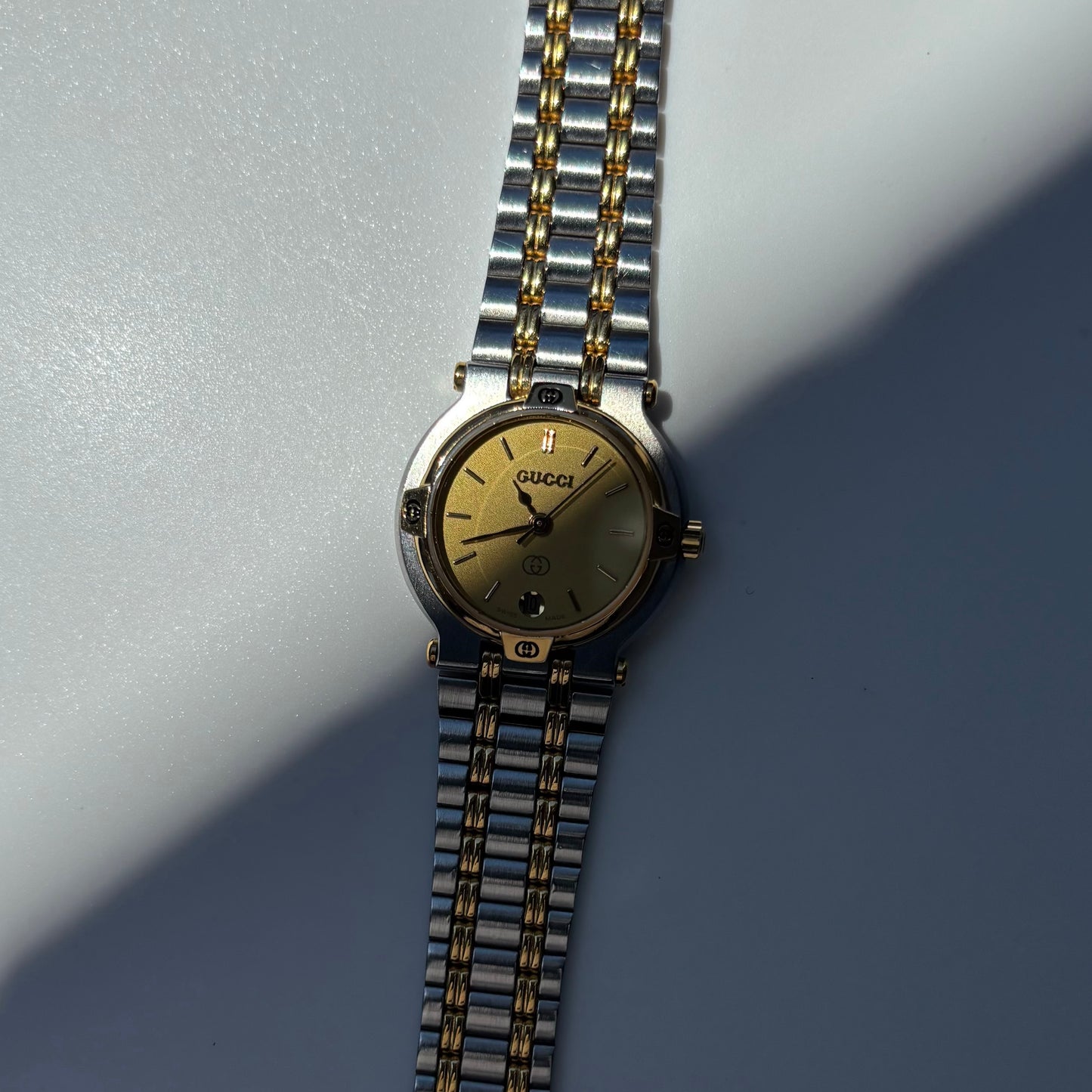 Gucci 1990s Date Round Dial Two Tone Gold Plated Watch