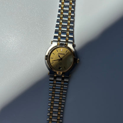 Gucci 1990s Date Round Dial Two Tone Gold Plated Watch