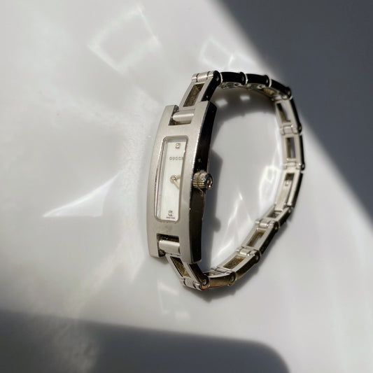 Gucci 90s Diamond Seashell Rectangular Stainless Steel Watch