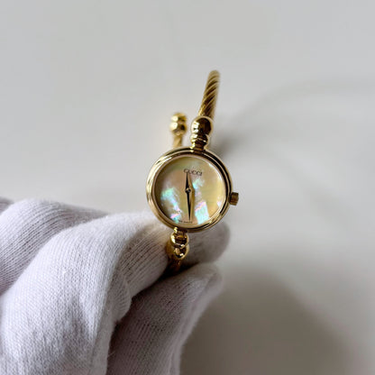 Gucci 1990s Seashell Dial Gold Plated Cable Band Bangle Watch