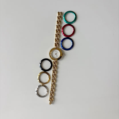 Gucci 1990s Interchangeable Bezel Gold Plated Rice Chain Watch with 6 bezels, case (166mm)