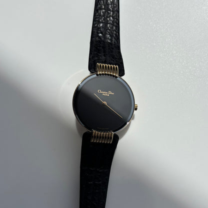 Dior 1990s Black Round Dial Gold Plated Watch