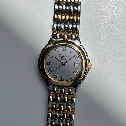 Dior 1990s Date Round Dial Two Tone Gold Plated Watch