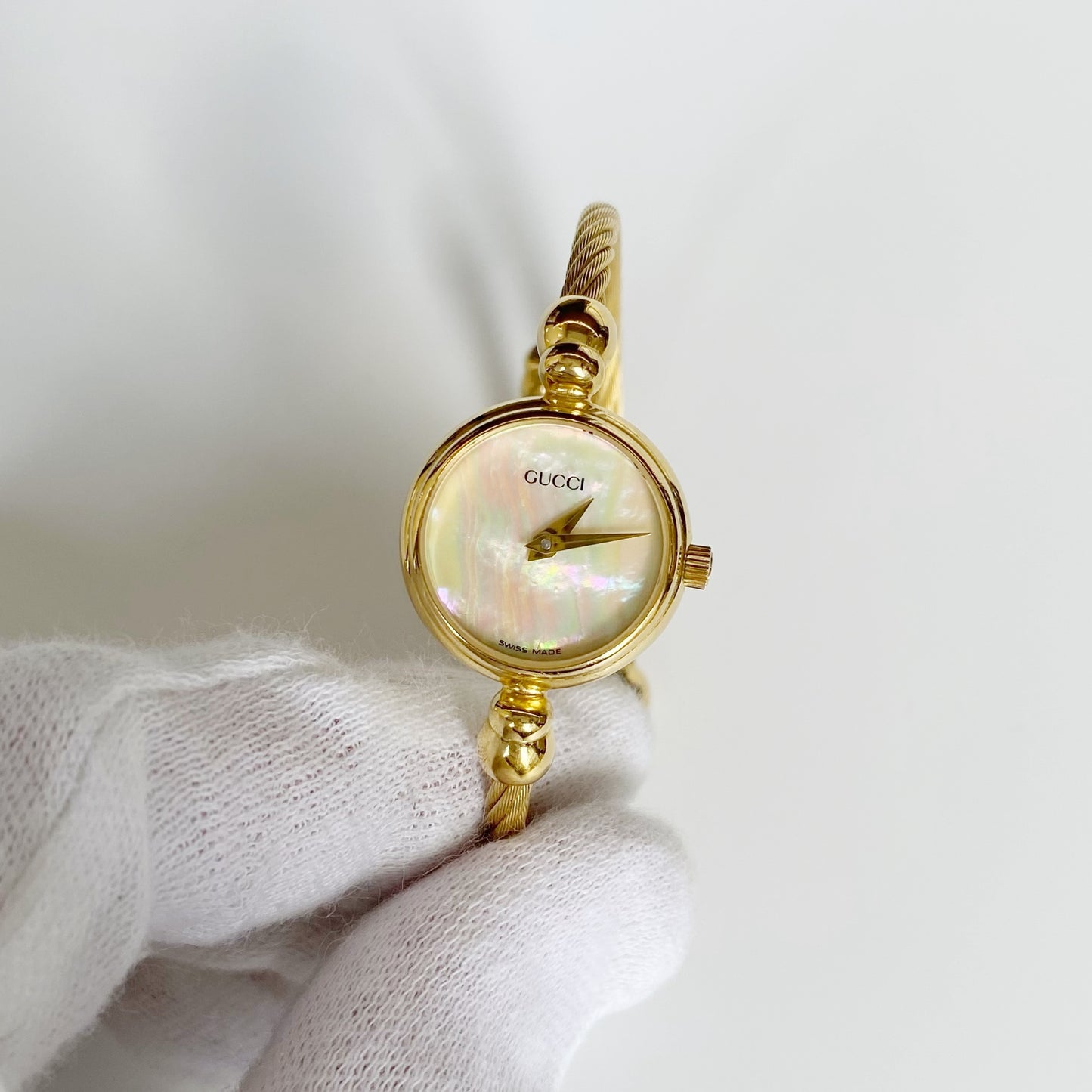 Gucci 1990s Seashell Dial Gold Plated Cable Bangle Watch