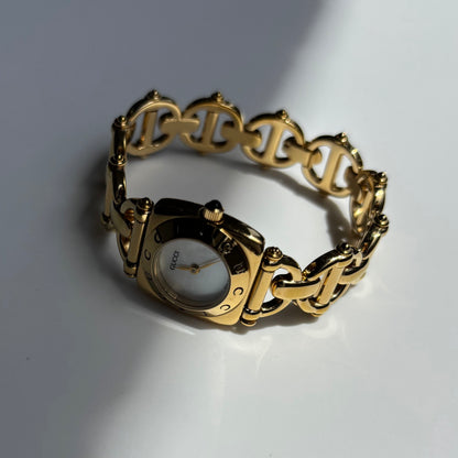 Gucci 1990s Seashell Dial Horsebit Gold Plated Watch