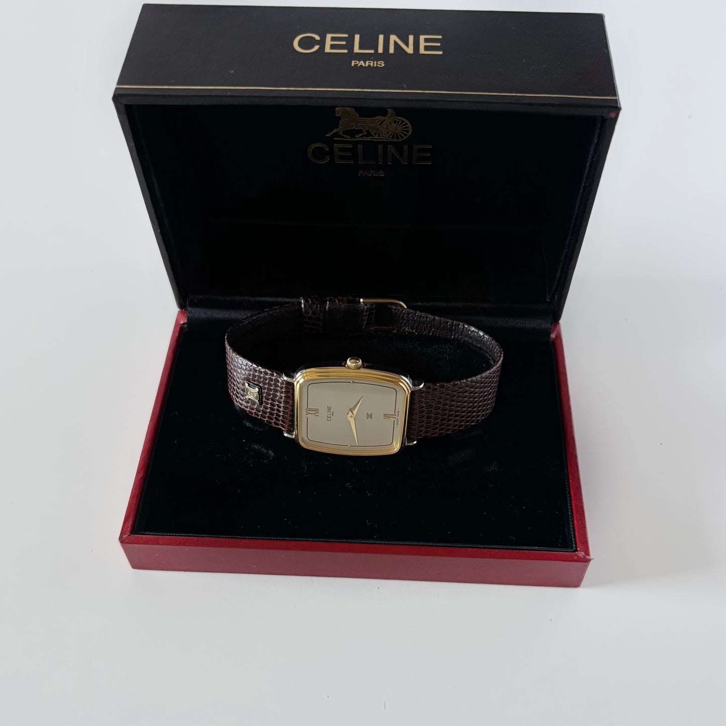 Celine 1980s Rectangular Dial Two Tone Watch (Large)