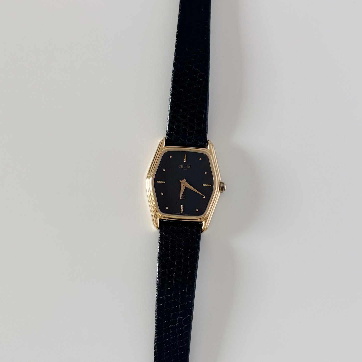 Celine 1980s Black Dial Gold Plated Watch
