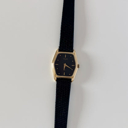 Celine 1980s Black Dial Gold Plated Watch