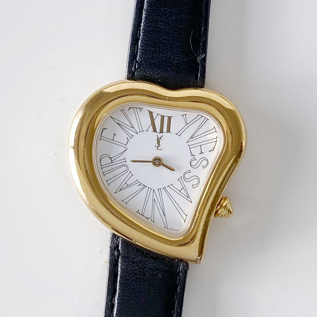 Yves Saint Laurent 1990s Heart Shaped Gold Plated Black Watch