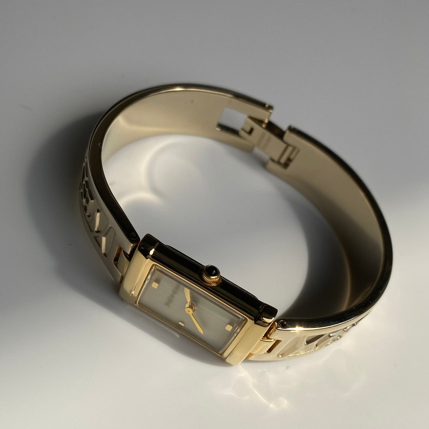 Yves Saint Laurent 1990s Seashell Dial Gold Plated Bangle Watch