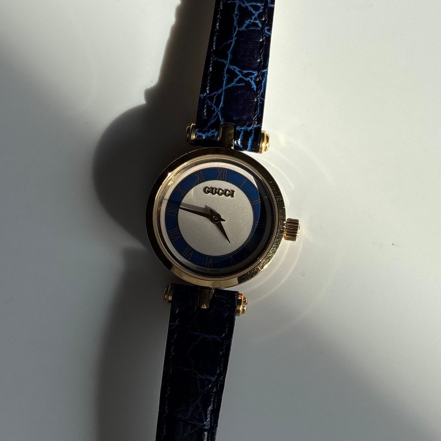 Gucci 1990s Round Dial Blue Gold Plated Watch