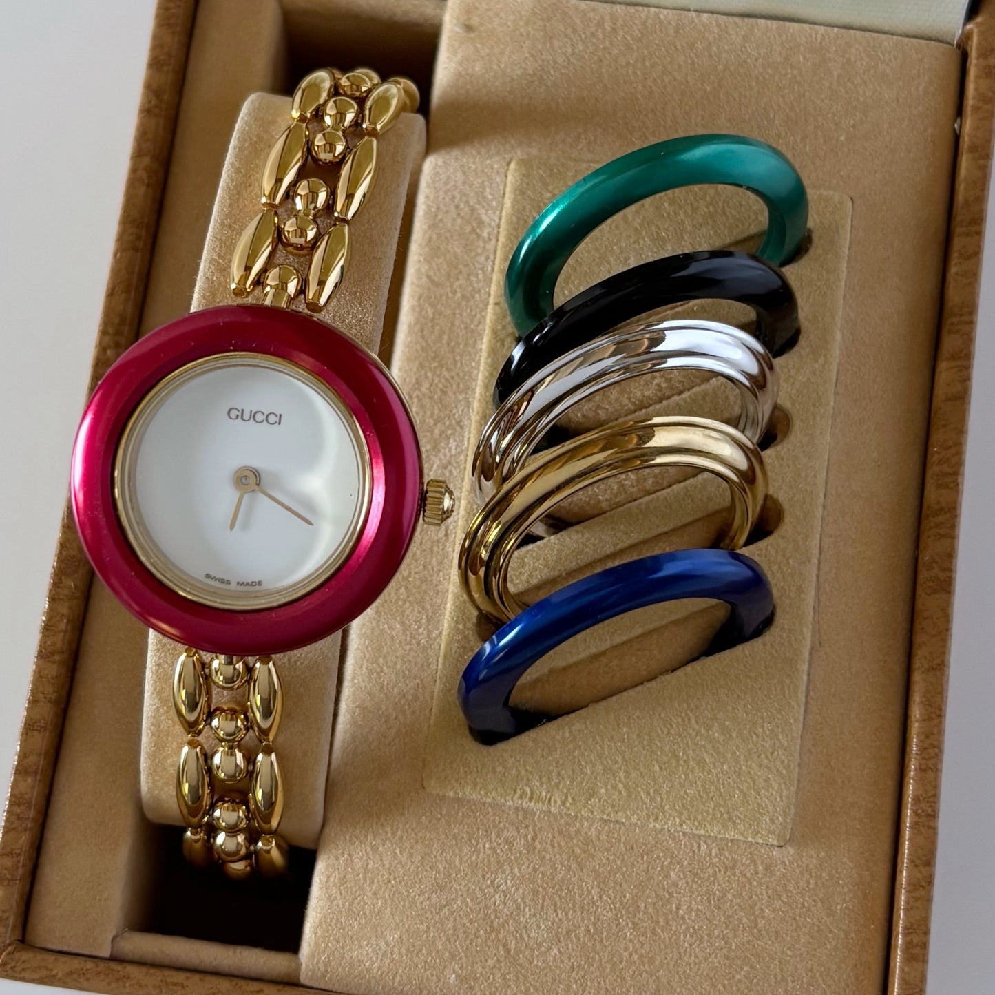 Gucci 1990s Interchangeable Bezel Gold Plated Rice Chain Watch with 6 bezels, case (175mm)
