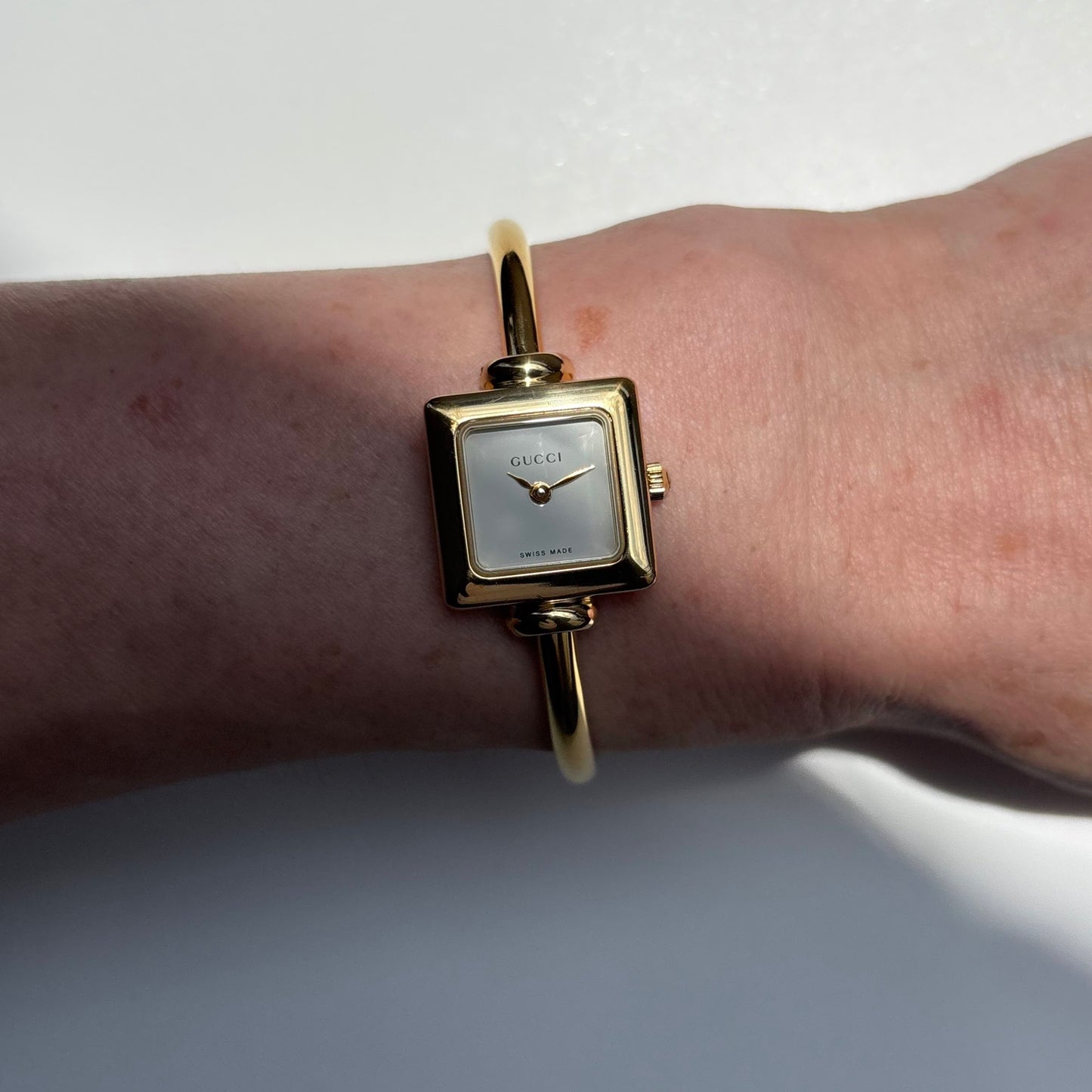 Gucci 1990s Square Dial Gold Plated Bangle Watch