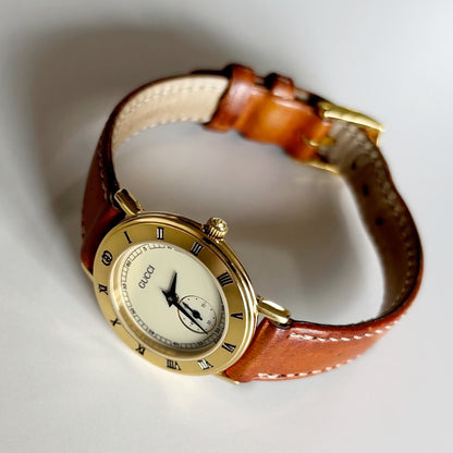 Gucci 1990s Sub Second Round Dial Gold Plated Watch