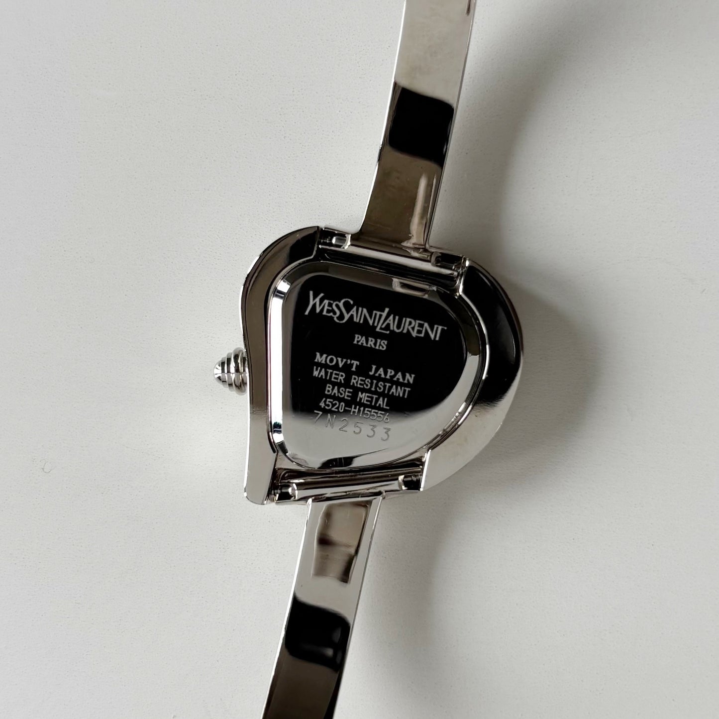 Yves Saint Laurent 1990s Heart Shaped Dial Silver Bangle Watch