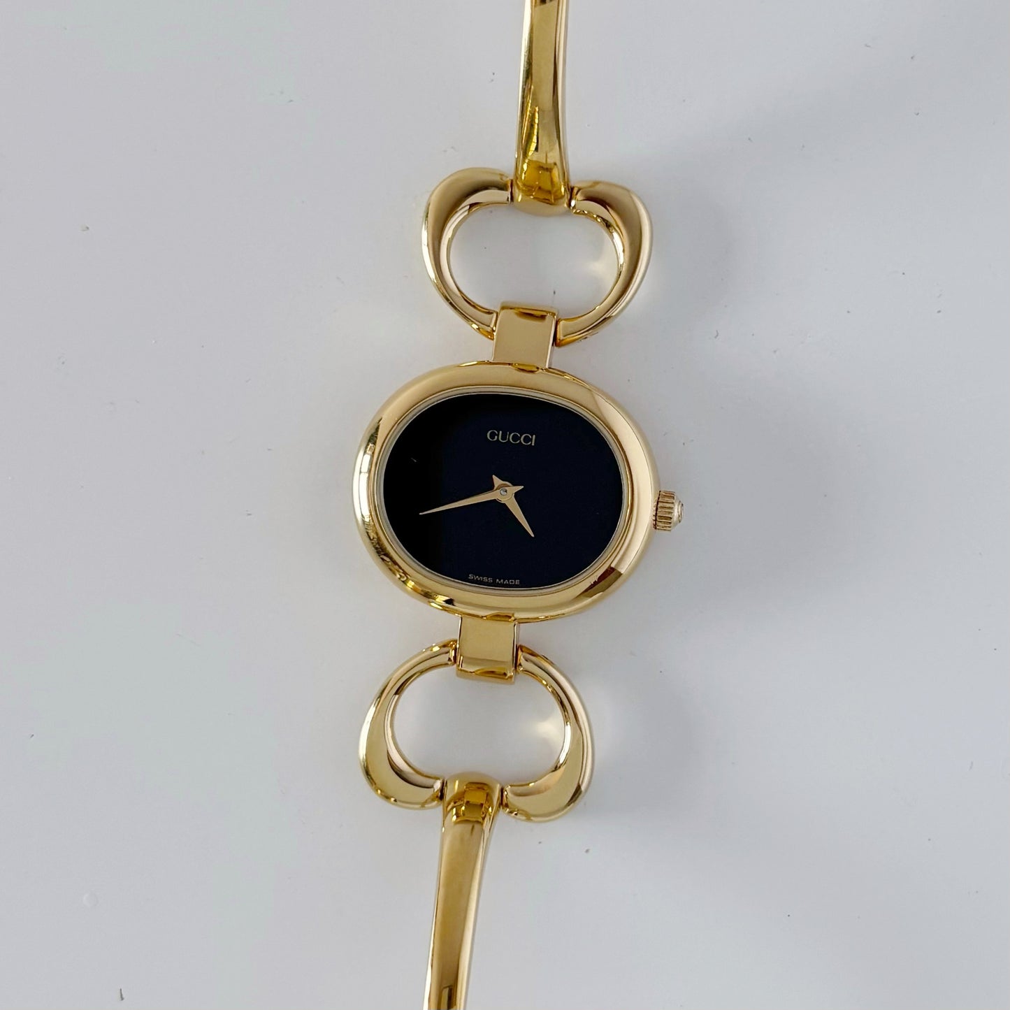 Gucci 1990s Black Dial Gold Plated Bangle Watch