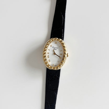 Dior 1990s Baignoire Gold Plated Leather Watch