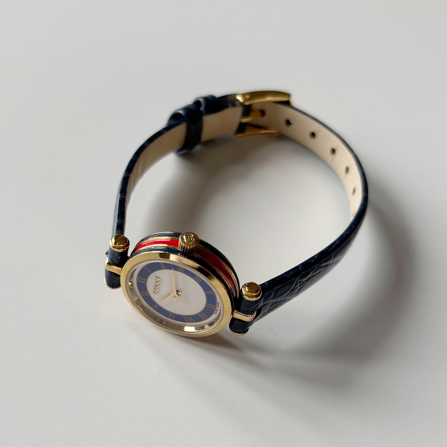 Gucci 1990s Blue Round Dial Gold Plated Watch