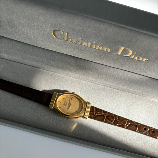 Dior 1980s Oval Gold Brown Leather Watch