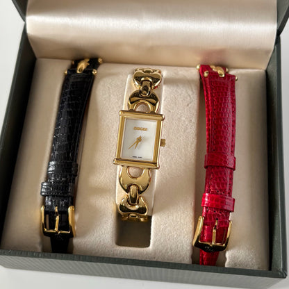 Gucci 1990s Interchangeable Strap Gold Plated Watch with 3 straps, case