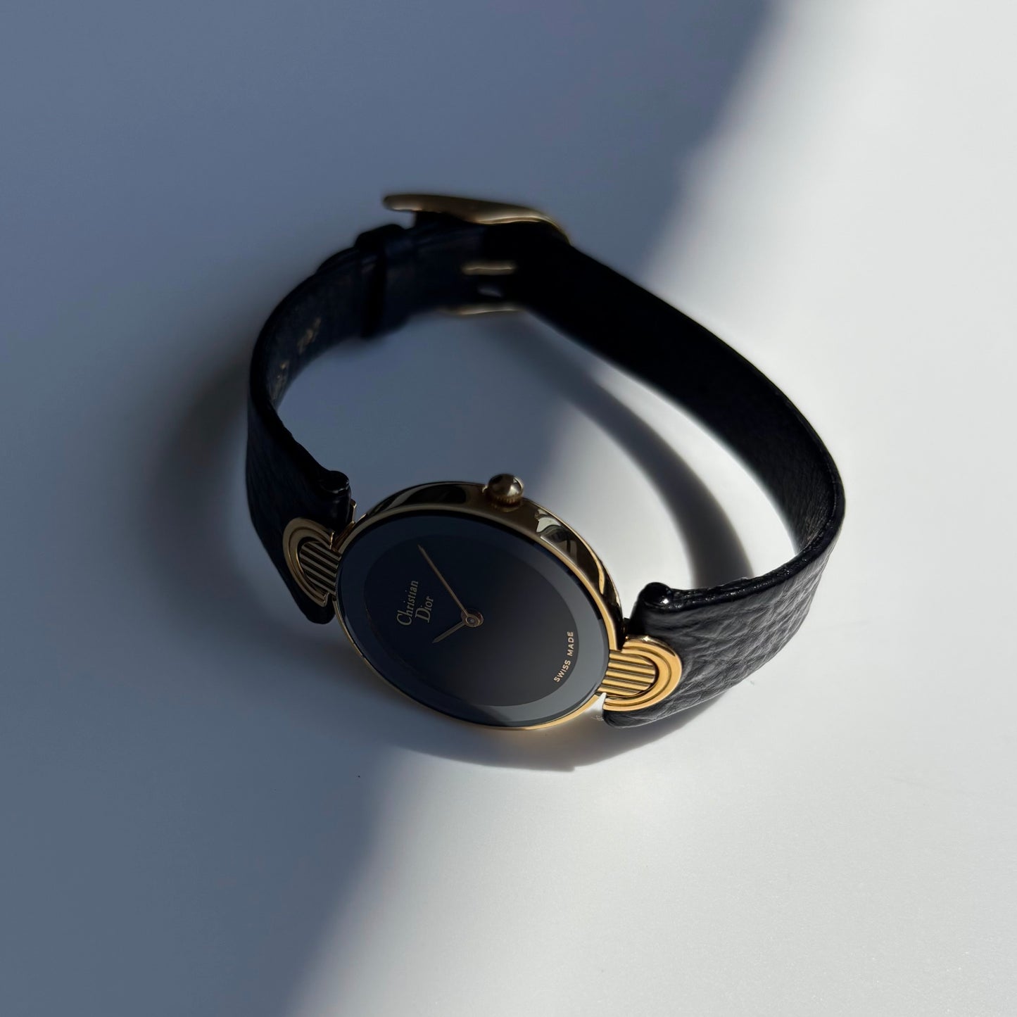 Dior 1990s Black Round Dial Gold Plated Watch