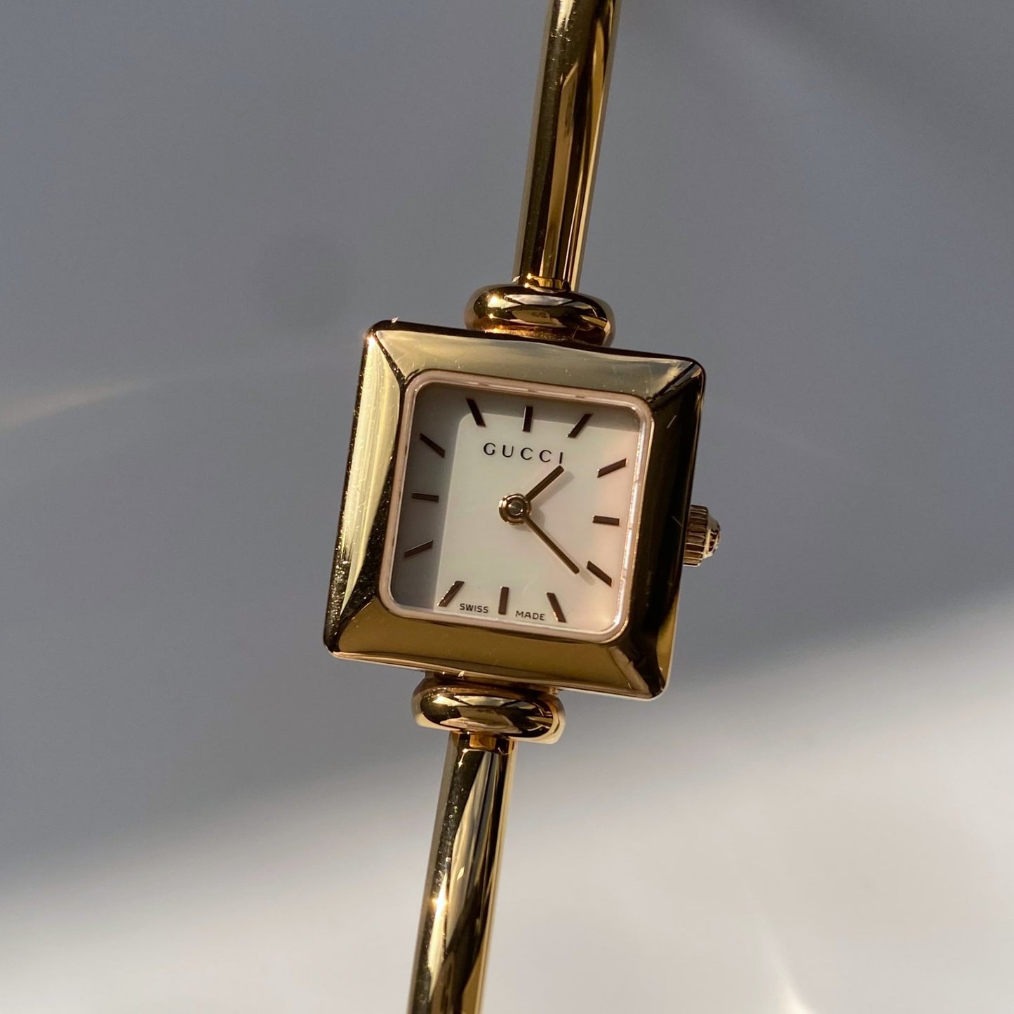 Gucci 1990s Seashell Dial Square Gold Plated Bangle Watch