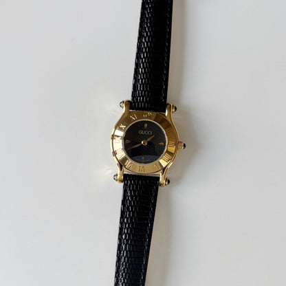Gucci 1990s Black Dial Gold Plated Watch
