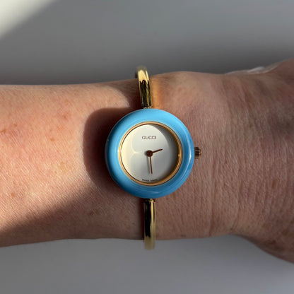 Gucci 1990s Interchangeable Bezel Gold Plated Bangle Watch with 12 bezels, case