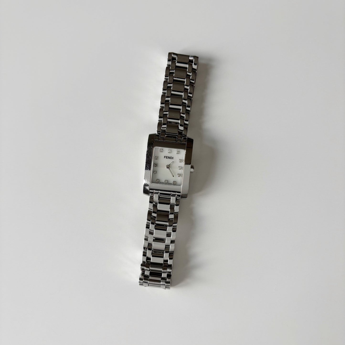 Fendi 1990s Seashell Dial Tank Silver Watch