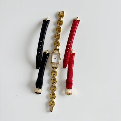 Gucci 1990s Interchangeable Strap Gold Plated Watch with 3 straps, case