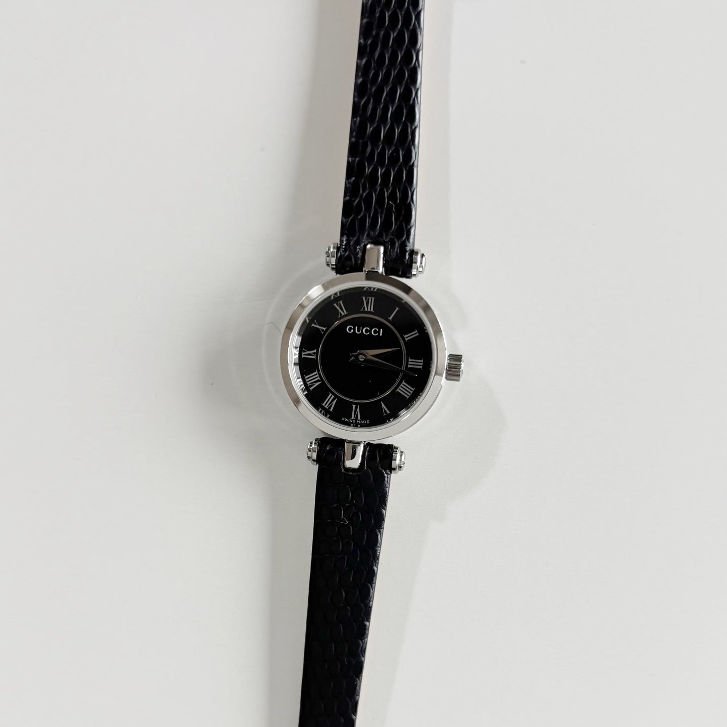 Gucci 1990s Black Round Dial Silver Watch