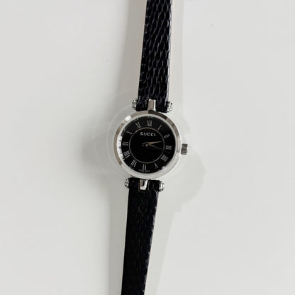 Gucci 1990s Black Round Dial Silver Watch