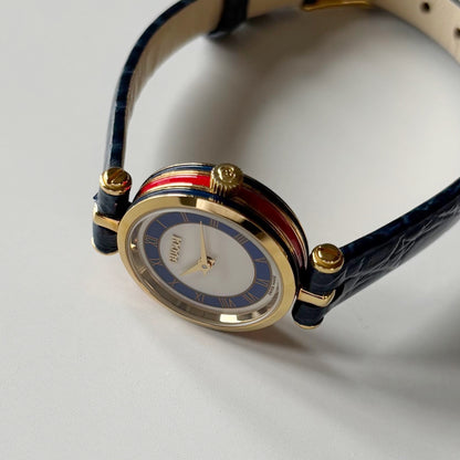 Gucci 1990s Blue Round Dial Gold Plated Watch