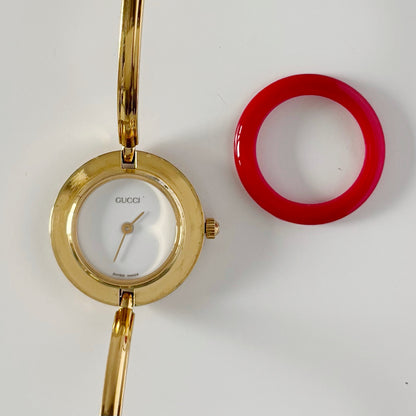 Gucci 1990s Interchangeable Bezel Gold Plated Bangle Watch with 12 bezels, case (Small)