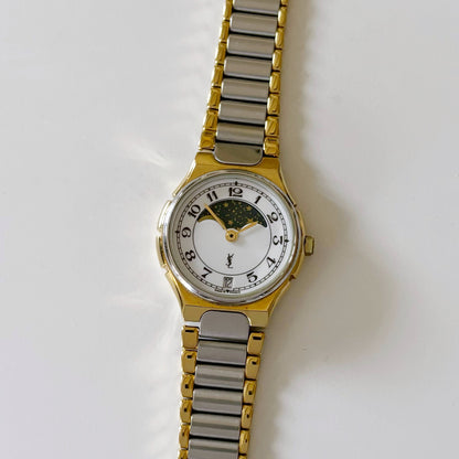 Yves Saint Laurent 1990s Moon Phase Two Tone Watch