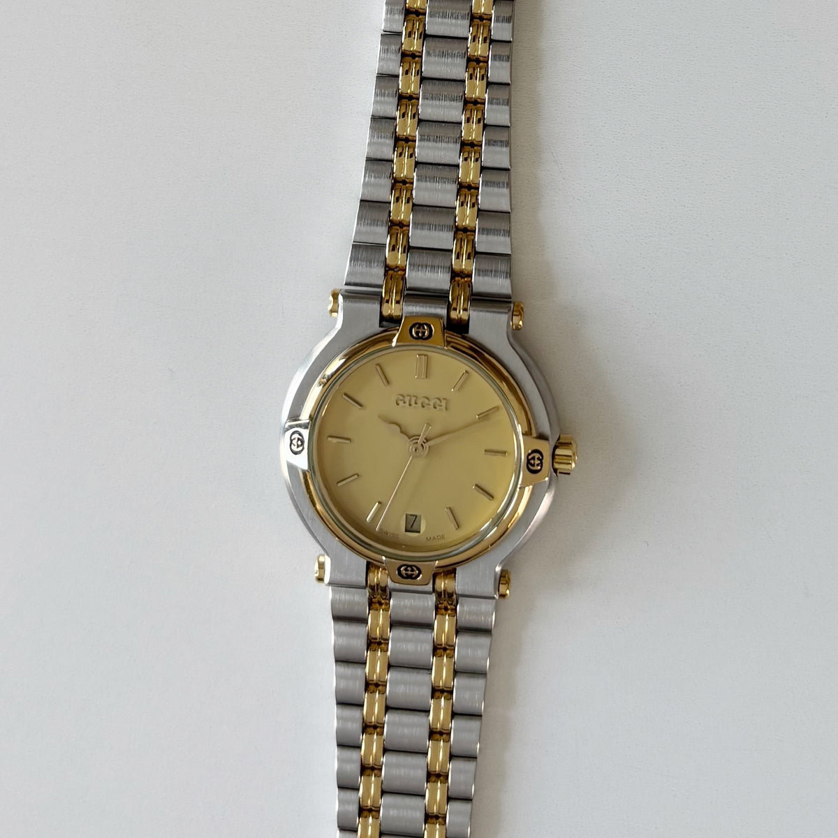 Gucci 1990s Date Round Dial Two Tone Gold Plated Watch
