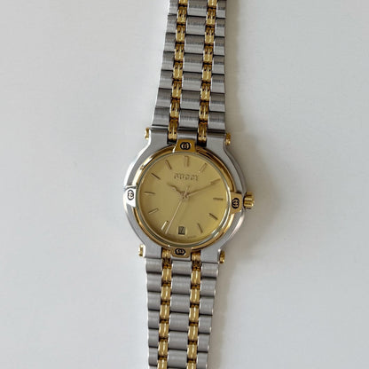 Gucci 1990s Date Round Dial Two Tone Gold Plated Watch