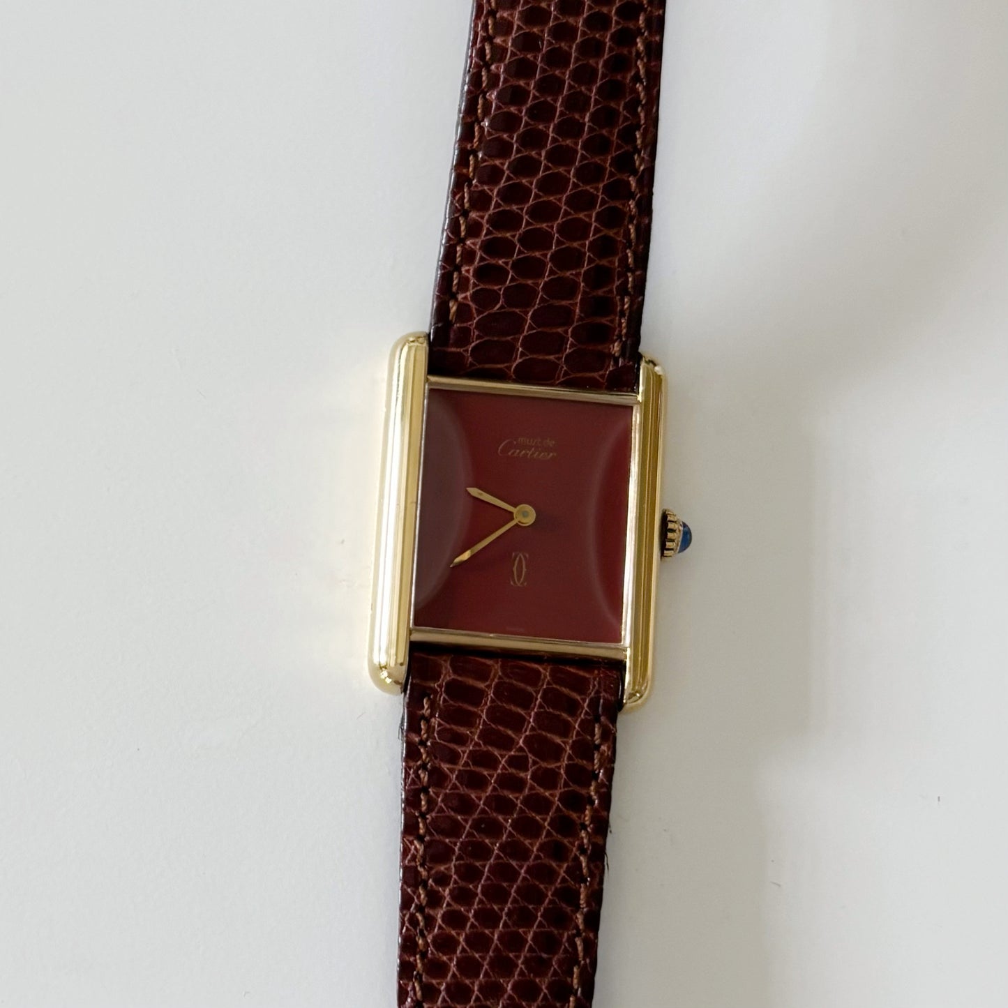 Cartier 1980s Must de Tank Burgundy Dial Manual Winding Watch (LM)