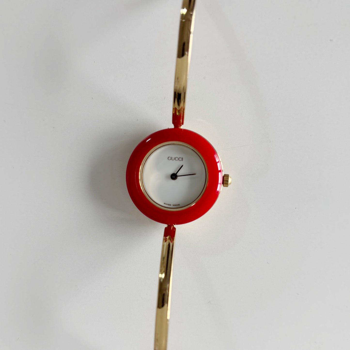 Gucci 1990s Interchangeable Bezel Gold Plated Bangle Watch with case, 12 bezels (Small)