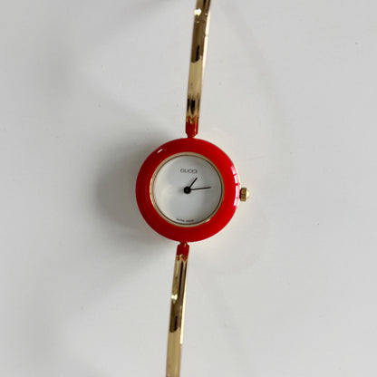 Gucci 1990s Interchangeable Bezel Gold Plated Bangle Watch with case, 12 bezels (Small)