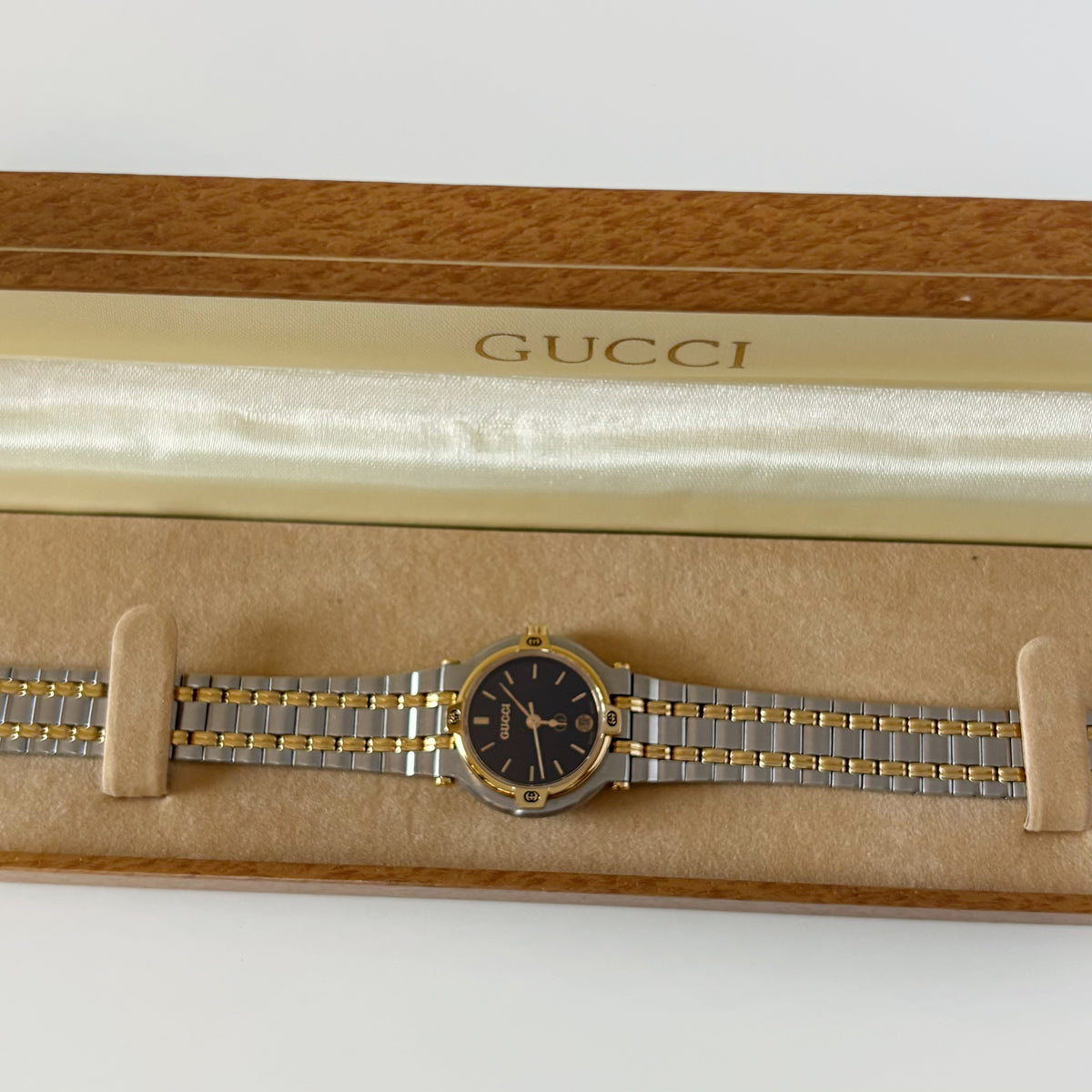 Gucci 1990s Black Dial Gold Plated Two Tone Watch