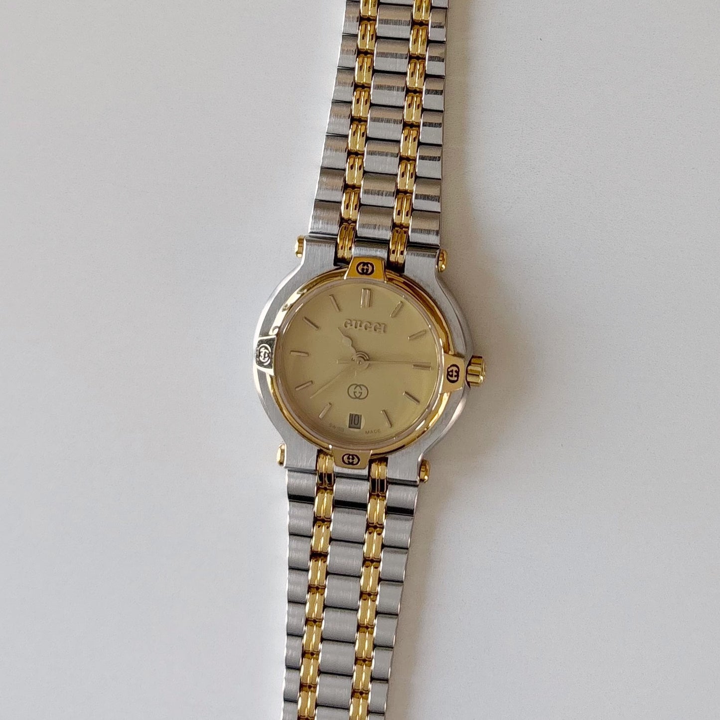 Gucci 1990s Date Round Dial Two Tone Gold Plated Watch