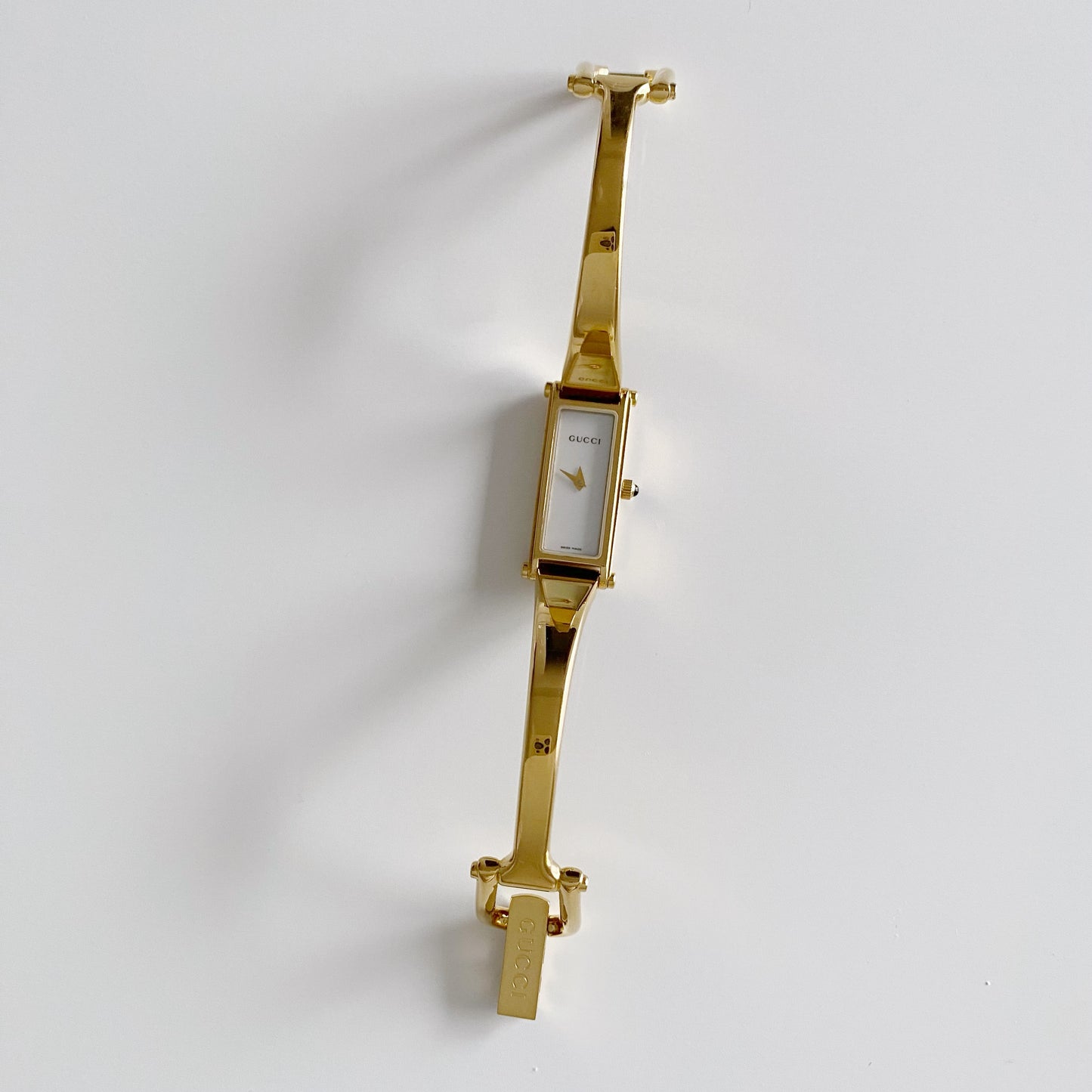 Gucci 1990s Seashell Dial Rectangular Gold Plated Bangle Watch