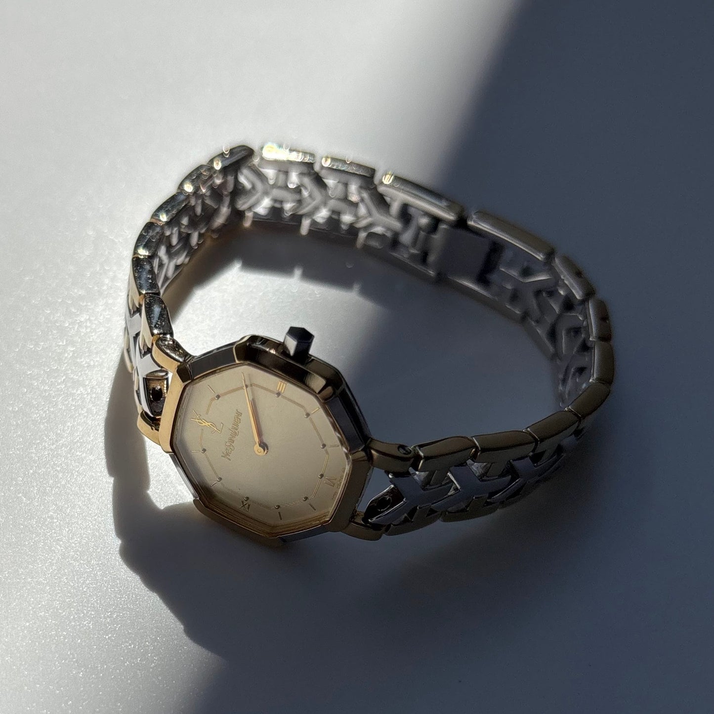 Yves Saint Laurent 1990s Octagon Gold Plated Two Tone Watch