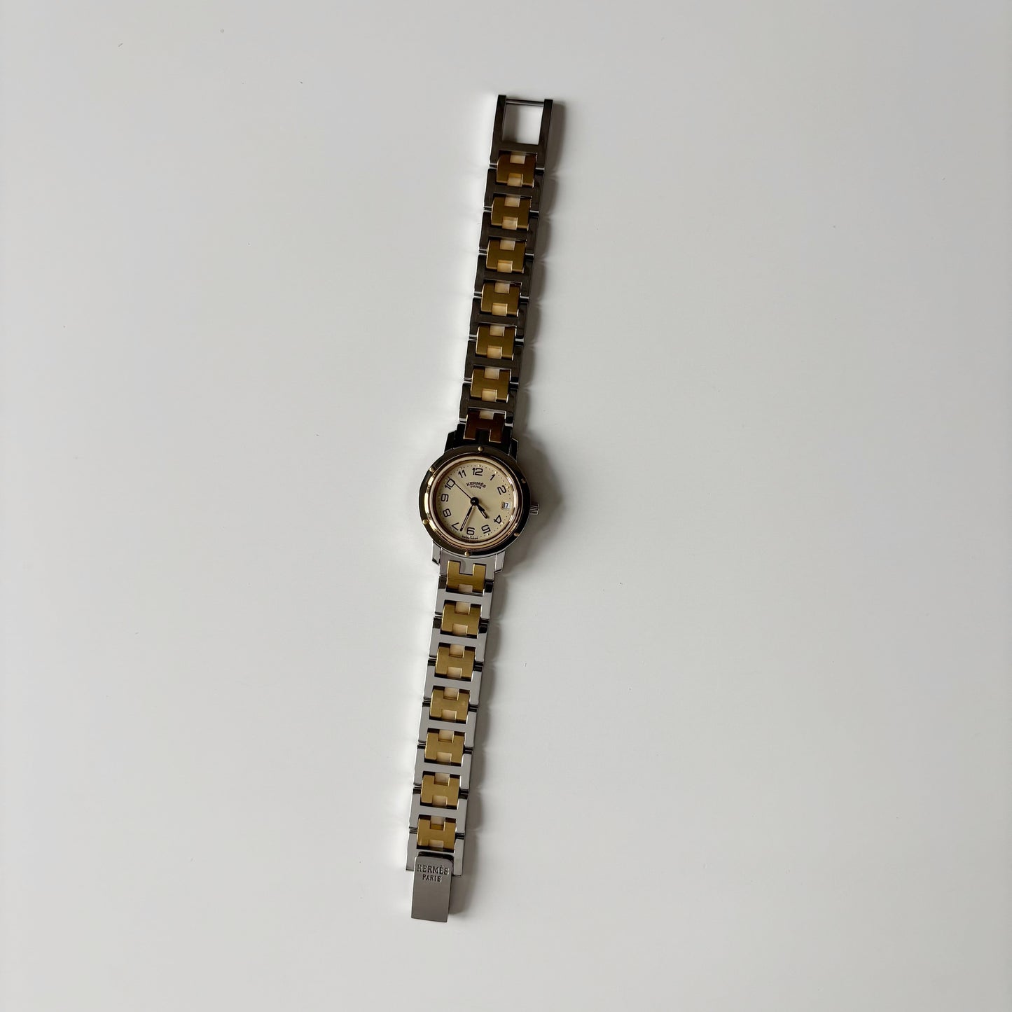 Hermes 1990s Clipper Date Round Dial Gold Plated Two Tone Watch