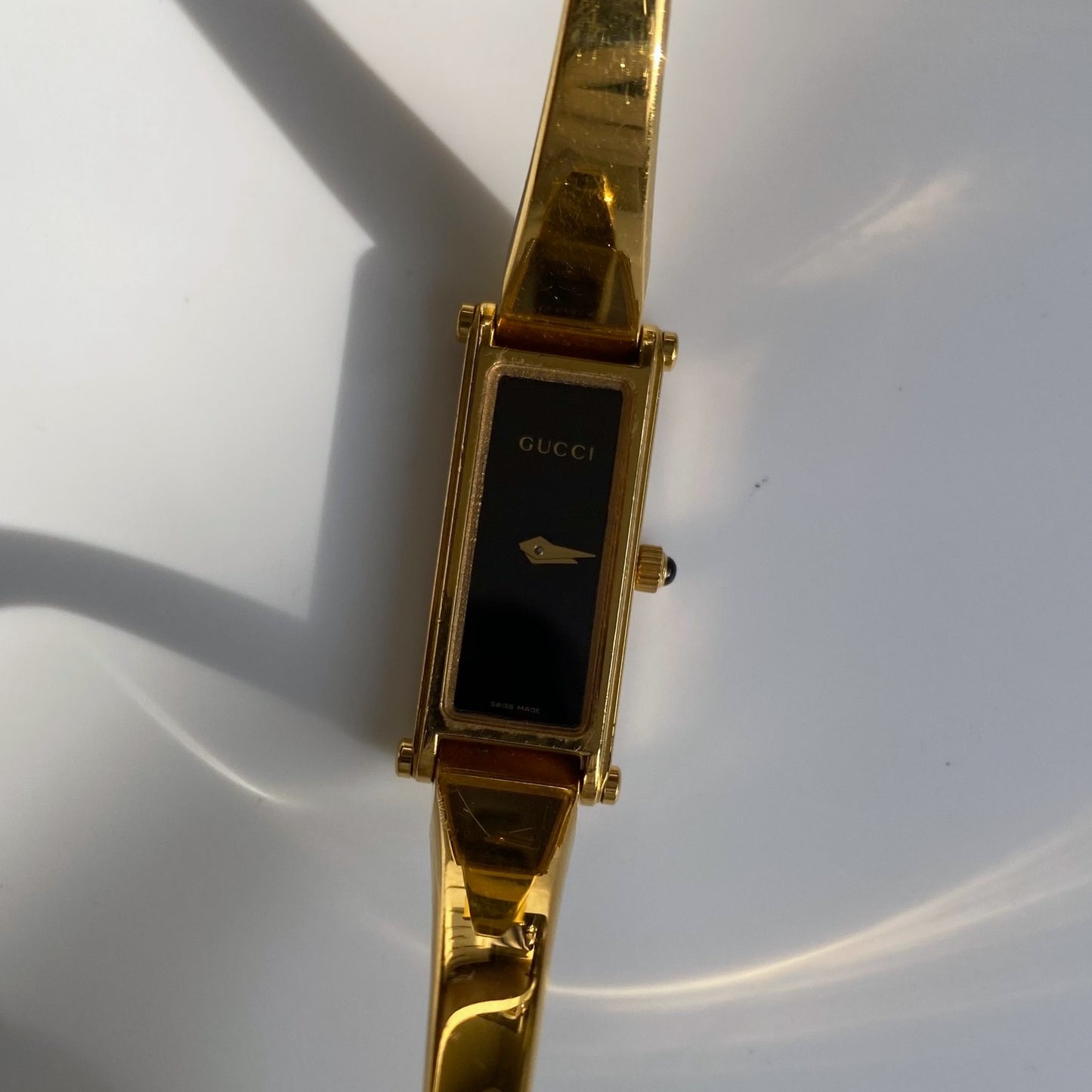 Gucci 1990s Black Dial Gold Plated Rectangular Bangle Watch