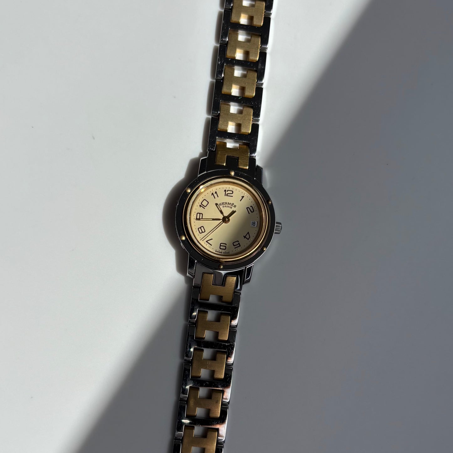Hermes 1990s Clipper Date Round Dial Gold Plated Two Tone Watch
