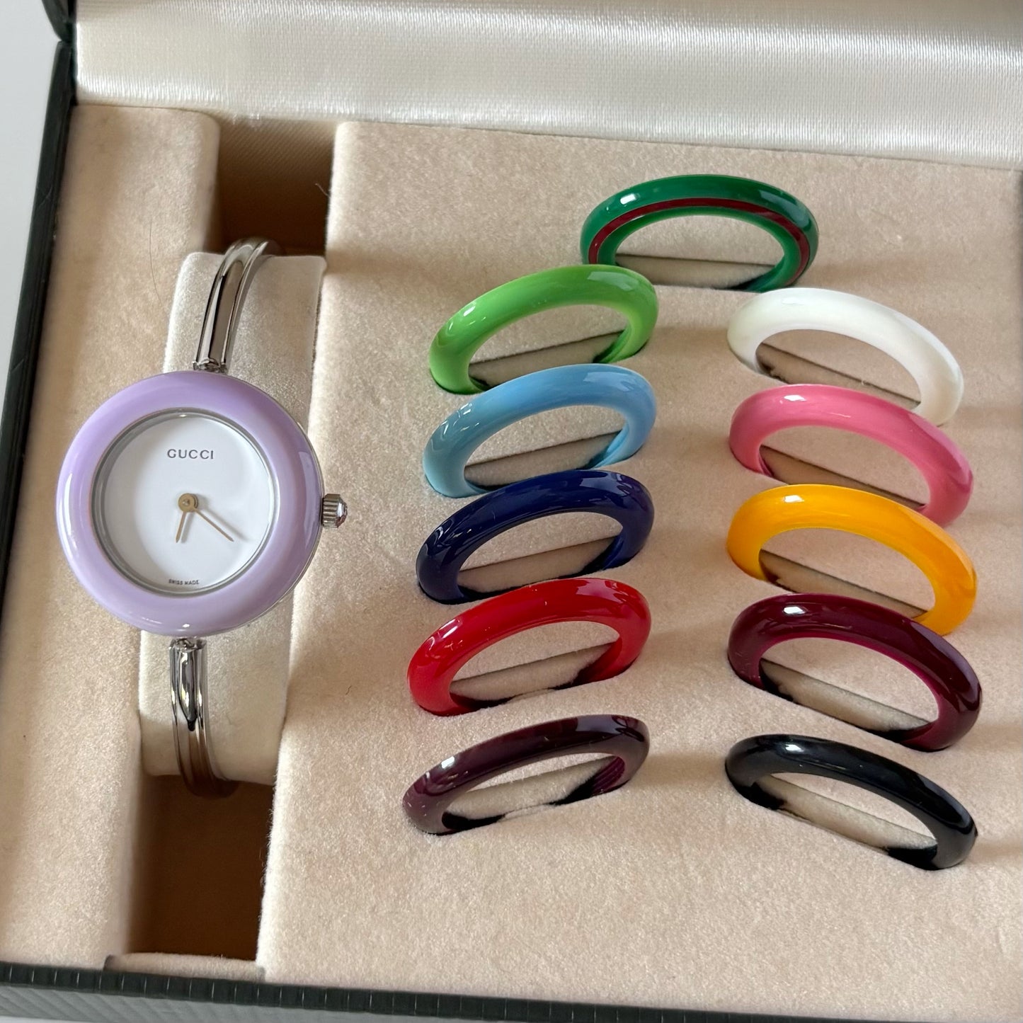 Gucci 1990s Interchangeable Bezel Stainless Steel Bangle Watch with 12 bezels, case