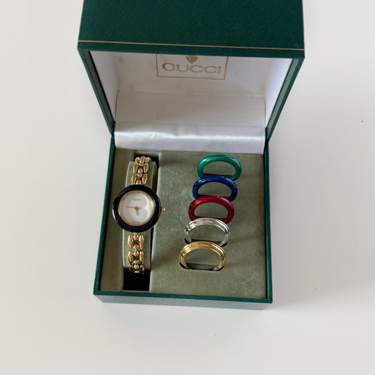 Gucci 1990s Interchangeable Bezel Gold-Plated Rice Chain Watch with Six Bezels and Case (160mm)